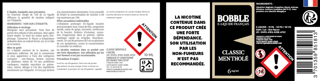 Bobble 10ml - Classic Mentholé 