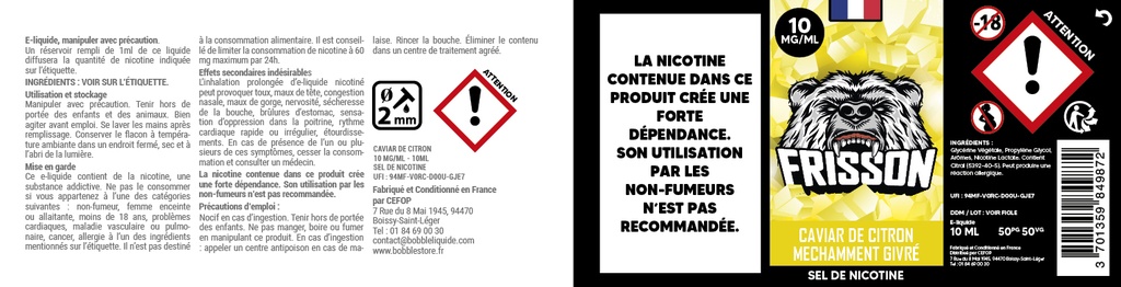 Frisson 10ml SDN (Boite de 6) - Caviar de Citron Méchamment Givrée 